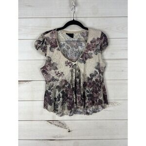 Sweet Lilac Blouse Womens Large Floral Lace Sheer Short Sleeve Peplum Top Boho